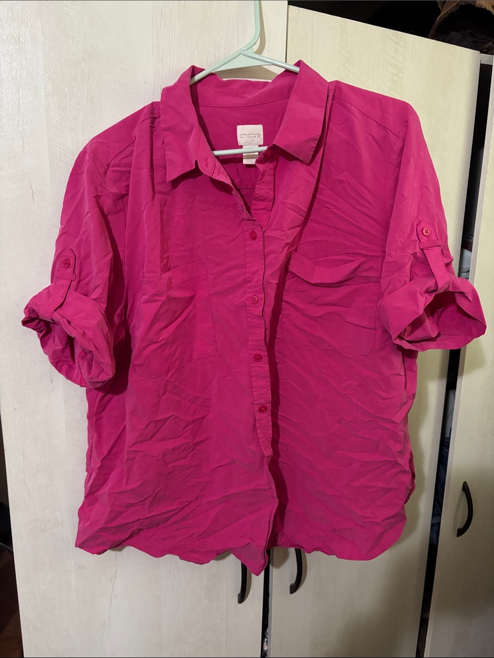 Chico's Women's Hot Pink Button-Down Shirt with Roll Tabs